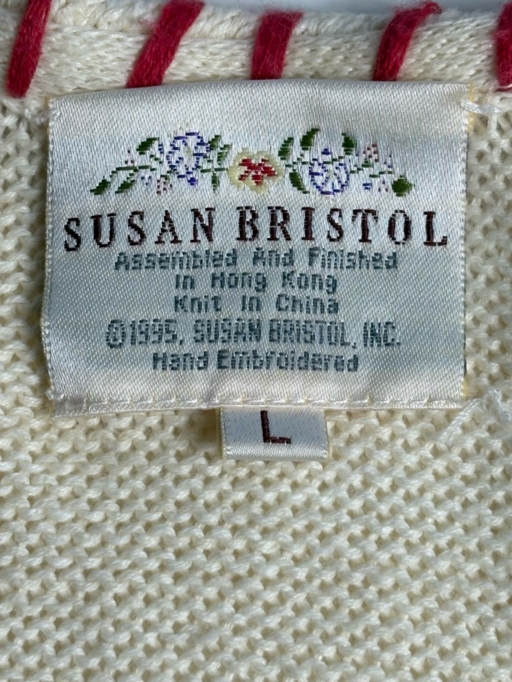 VTG 1995 Susan Bristol Hand Embroidered Farm Scene Cardigan • L • Ramie Cotton - Picture 10 of 12